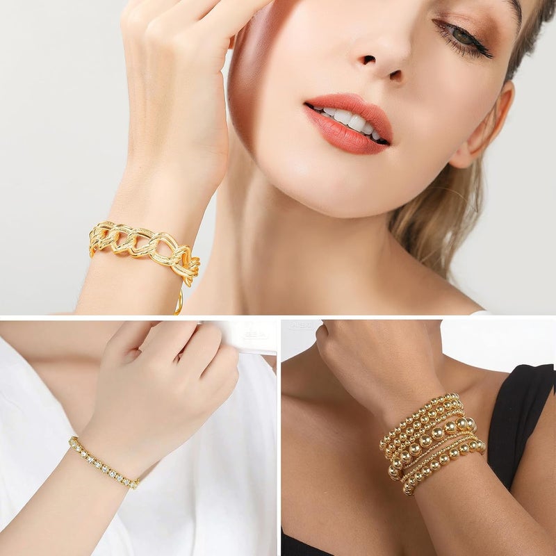 IFKM 6 PACK (24 PCS) Boho Gold Chain Bracelets Set for Women, 14K Gold Plated Multiple Layered Stackable Open Cuff Wrap Bangle Adjustable Link Italian Cuban Jewelry for Women Gift - Image 3